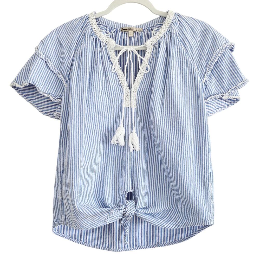 Seven7 Blue & White Cotton Boho Ruffle Short Sleeve Tie Front  Top Size Small